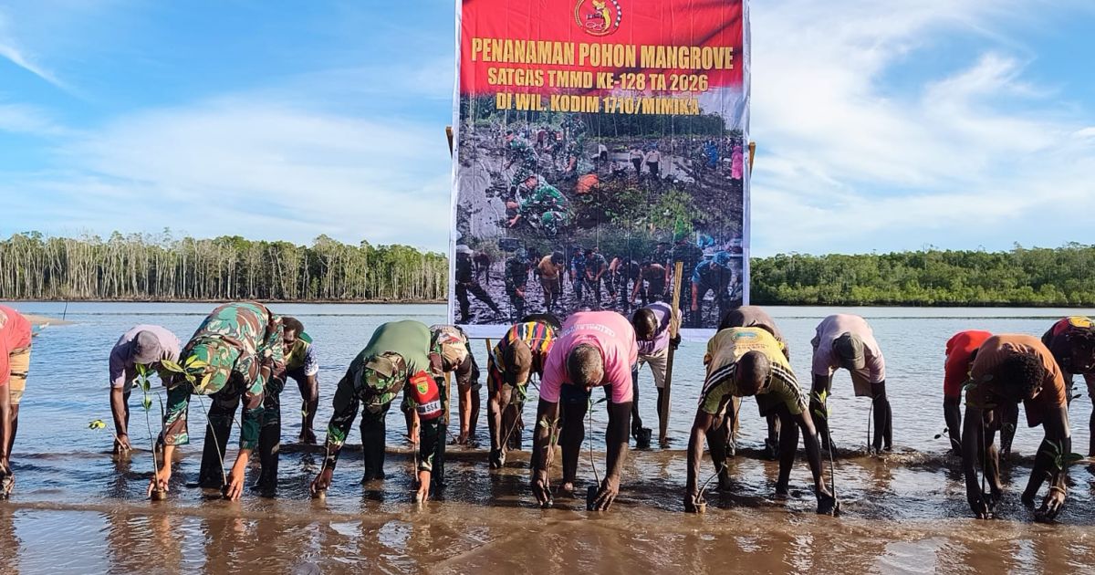 Satgas TMMD Kodim 1710/Mimika Tanam Ribuan Mangrove Bersama Warga di Pesisir Timika