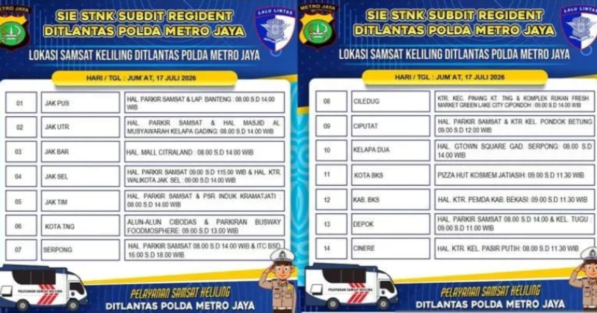 Jadwal Samsat Keliling Jadetabek 17 Juli 2026, Cek 14 Lokasi dan Jam Layanan